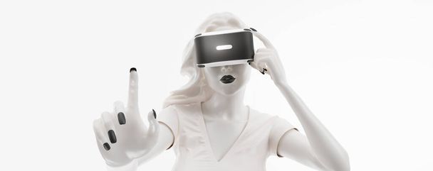VR headset, online shopping. 3d render of the woman, wearing virtual reality glasses on white background. Woman buys a goods in one click. You will also find a for this image in my portfolio - 写真・画像