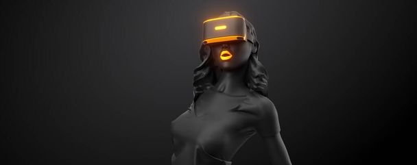 Ακουστικά VR, online αγορές. 3D απόδοση της γυναίκας, φορώντας γυαλιά εικονικής πραγματικότητας σε μαύρο φόντο. Μια γυναίκα αγοράζει ένα εμπόρευμα με ένα κλικ. Θα βρείτε επίσης ένα για αυτή την εικόνα στο χαρτοφυλάκιό μου - Φωτογραφία, εικόνα