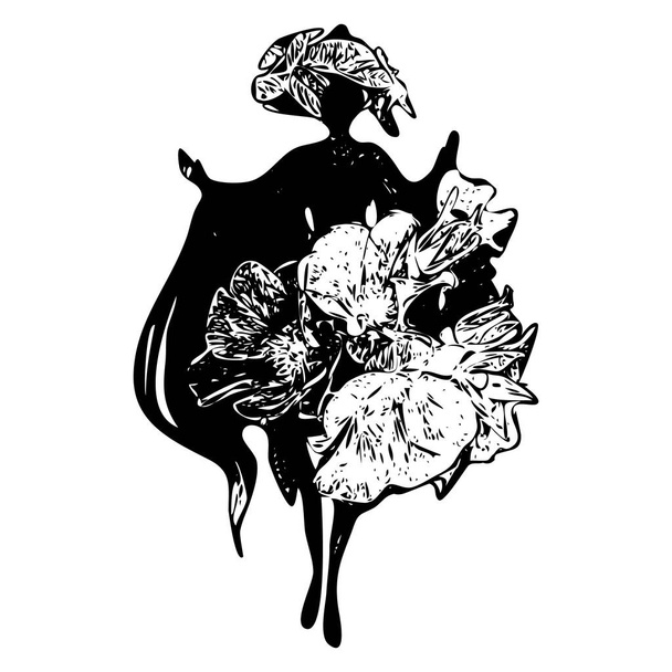 Yksi jatkuva yhden piirretty taidetta linja minimalismi doodle kaunis viehättävä tyttö musta puku mekko hame. Musta ja valkoinen väri vaatteet puku mekko. Eristetty kuvan litteä vektorikuva. - Vektori, kuva