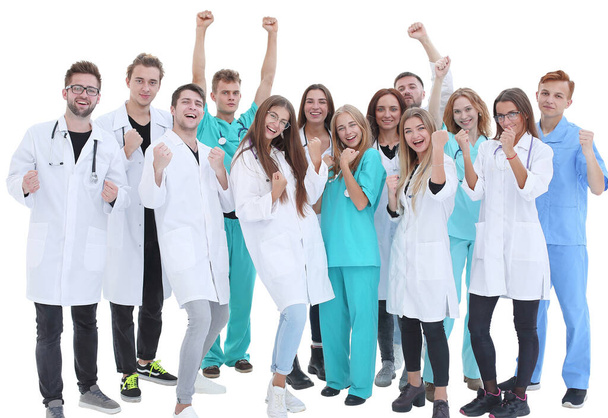 top view. a group of smiling doctors pointing at you. - 写真・画像
