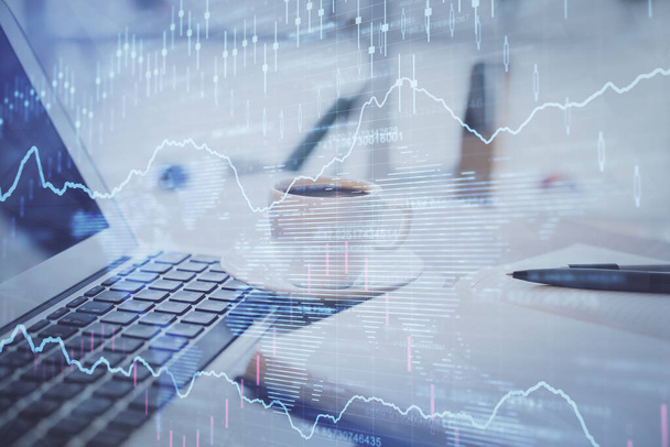 Double exposure of financial chart drawing and desktop with coffee and items on table background. Concept of forex market trading - Foto, imagen