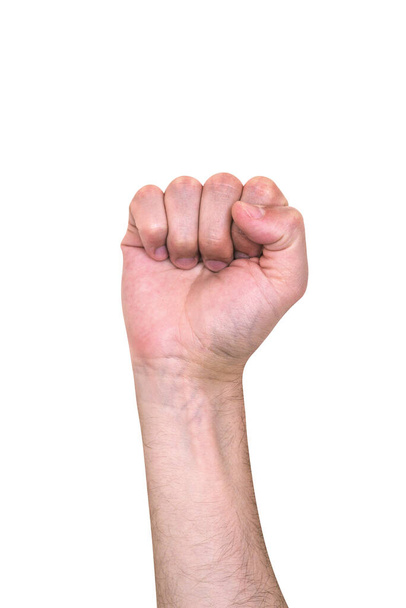 O punho cerrado de um homem isolado num fundo branco. A mão de um homem levantada. Um gesto humano. O conceito de protesto ou batalha
 - Foto, Imagem
