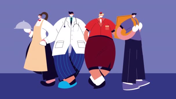 grupo de profissionais trabalhadores vestindo personagens máscaras médicas
 - Filmagem, Vídeo
