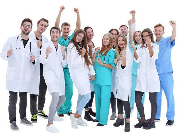 top view. a group of smiling doctors pointing at you. - 写真・画像