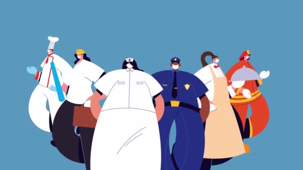 grupo de profissionais trabalhadores vestindo personagens máscaras médicas
 - Filmagem, Vídeo