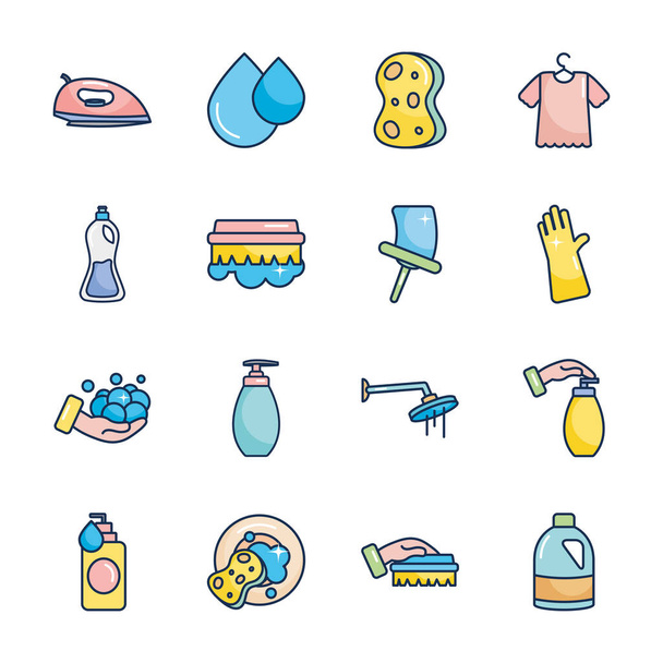 iron and cleaning tools icon set, line fill style - Vector, Image