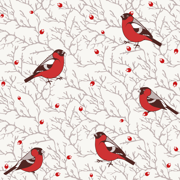 Winter seamless pattern with bullfinch birds on tree branches with red berries - Vecteur, image
