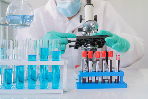 アジアの科学者は、技術医学、化学、医療、研究コンセプトの研究室や研究室で、 covid-19ウイルスのワクチンの分析と開発のための血液検査管に取り組んでいます。実験科学 - 写真・画像