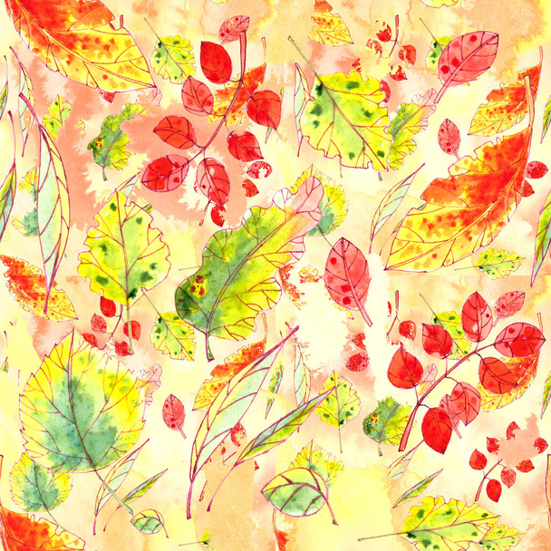 seamless pattern of autumn yellow, red, orange, green leaves on a textured yellow orange background. graphic color picture. High quality illustration - Фото, изображение