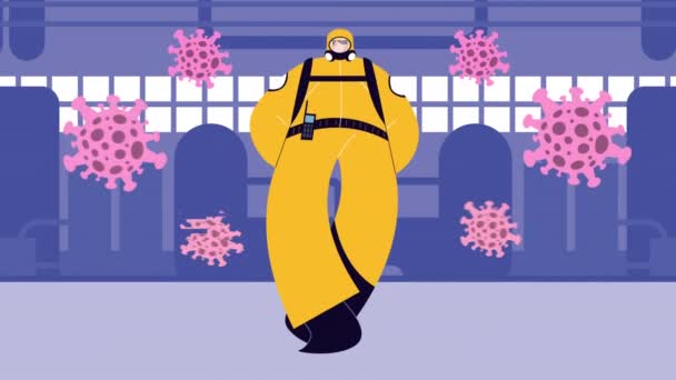 製油所でのコビド19保護のためのバイオセーフティスーツを着た産業労働者 - 映像、動画