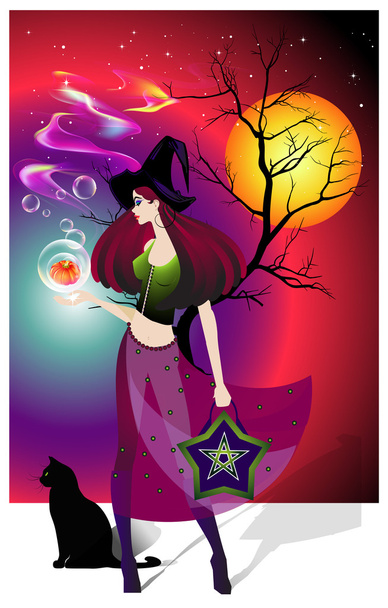 Modern day witch conjures up a pumpkin - Vector, Image
