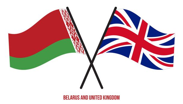 Belarus e Reino Unido Bandeiras cruzadas e acenando estilo plano. Proporção oficial. Cores corretas
. - Vetor, Imagem