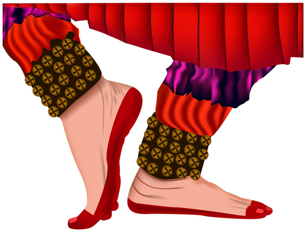 Forma de dança clássica indiana com sinos de tornozelo e tintura vermelha em pés. Ação dos pés enquanto vetor de dança clássica indígena
. - Vetor, Imagem