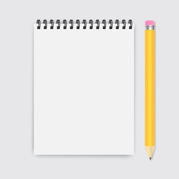 Pencil with a paper notebook. Vector sheet notepad for notes. Flat illustration of a page from a school notebook for notes. Empty white pad. Stock Photo. - Vector, Image