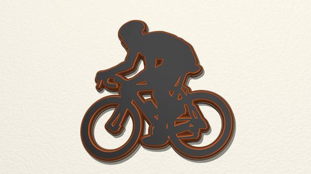 επαγγελματίας ποδηλάτης από μια προοπτική στον τοίχο. Ένα παχύ γλυπτό από μεταλλικά υλικά τρισδιάστατης απόδοσης. ποδηλασία και έννοια - Φωτογραφία, εικόνα