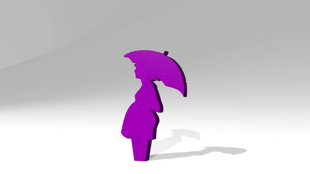 těhotná žena s deštníkem na zdi. 3D ilustrace kovové plastiky na bílém pozadí s jemnou texturou. dívka a krása - Fotografie, Obrázek