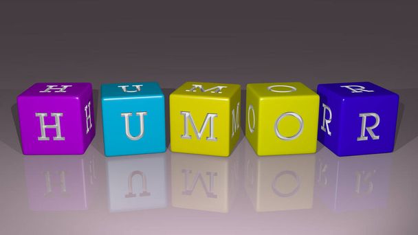 HUMOR gerangschikt met kubieke letters op een spiegelvloer, ideaal voor concept betekenis en presentaties - Foto, afbeelding