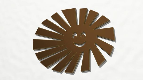 smiling sun from a perspective on the wall. A thick sculpture made of metallic materials of 3D rendering. landscape and asian - Photo, Image