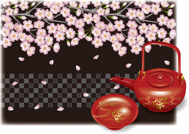 Wiosną. Tło ilustracja kwiatów wiśni. - Dobranoc. / Japoński kwiat wiśni ogląda wydarzenia. Japoński zestaw do herbaty i likier (sake). - Zdjęcie, obraz
