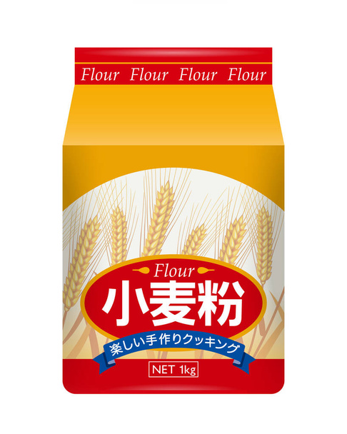 Illustratie van het meelpakket. Witte achtergrond. De titel in het midden is "bloem (Japans)", de letter op het blauwe lint betekent "Fun Handmade Cooking (Japans))". - Foto, afbeelding