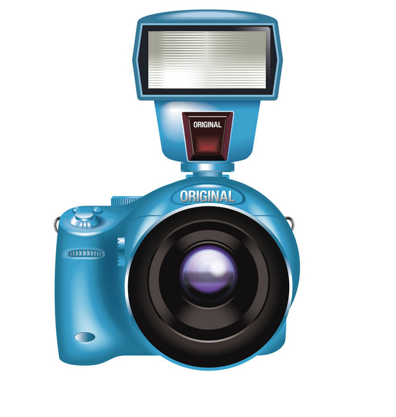 Illustration de l'appareil photo reflex mono-objectif avec le flash électronique. / Appareil photo coloré. Bleu clair. - Photo, image