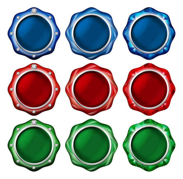 Illustration of a button of the jewel. / Blue, red, green. Vivid color. - Foto, Imagen
