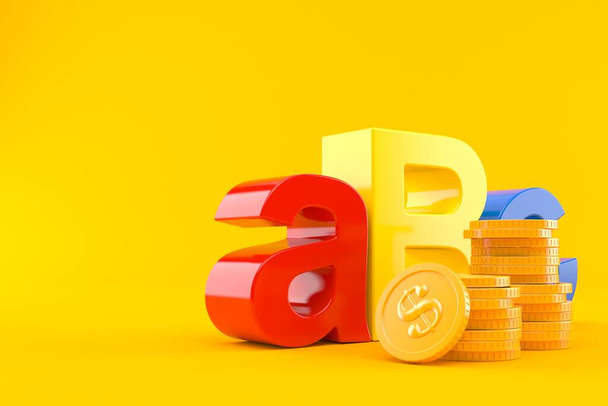 Texto ABC com pilha de moedas isoladas em fundo laranja. ilustração 3d
 - Foto, Imagem