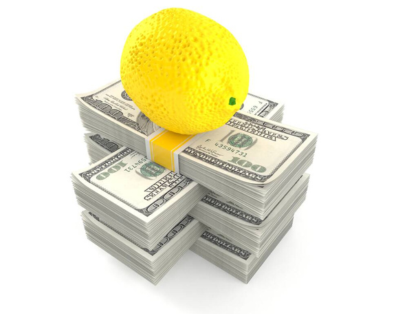 Лимон на стопі грошей ізольовано на білому тлі. 3d ілюстрація
 - Фото, зображення