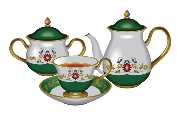 Illustrazione di una teiera, una pentola da zucchero e una tazza da tè. / Colore verde. / Tè, tisana, tè Oolong. - Foto, immagini