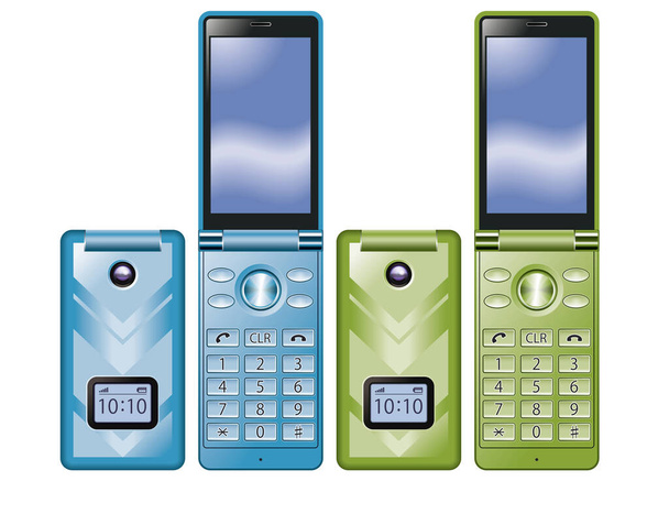 Illustrazione di Flip Phone colorato. Design semplice. / Blu, Verde. - Foto, immagini