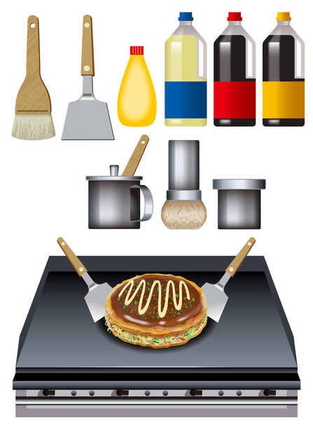 Ilustrace nástroje v japonské pouliční kabince. Japonský styl palačinka (Okonomiyaki). / Nástroj na výrobu okonomiyaki. - Fotografie, Obrázek