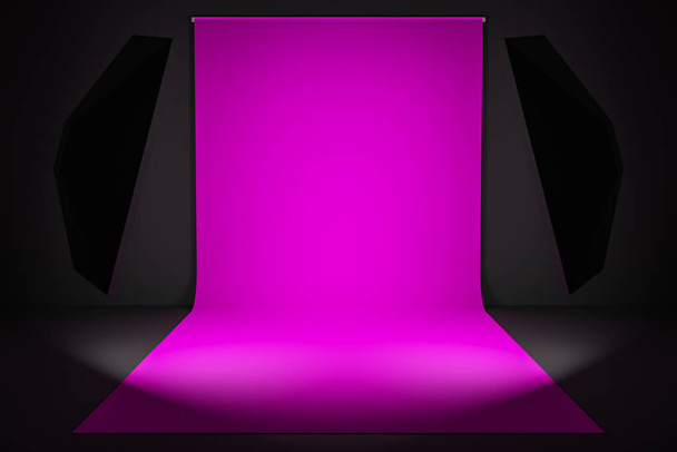3D rendering Photostudio with studio equipment:  pink background for photography, studio flashes, deflectors, Octoboxes - Photo, Image