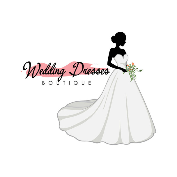 花の花束と美しい花嫁、ブライダルブティックロゴ、ブライダルガウンのロゴベクトルデザインテンプレート - ベクター画像