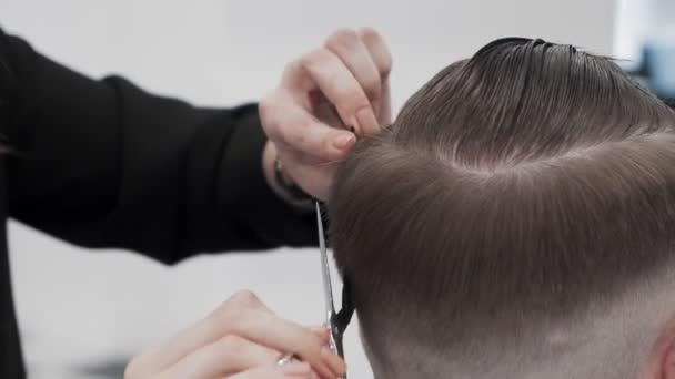 Szakmai female hairstylist fésülködés és vágás férfi haj - Felvétel, videó