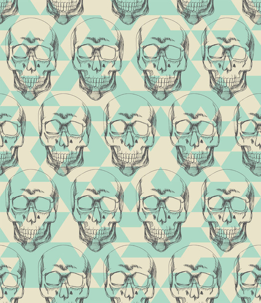 Hand drawn human skull seamless on the blue triangle background. - Vector, imagen