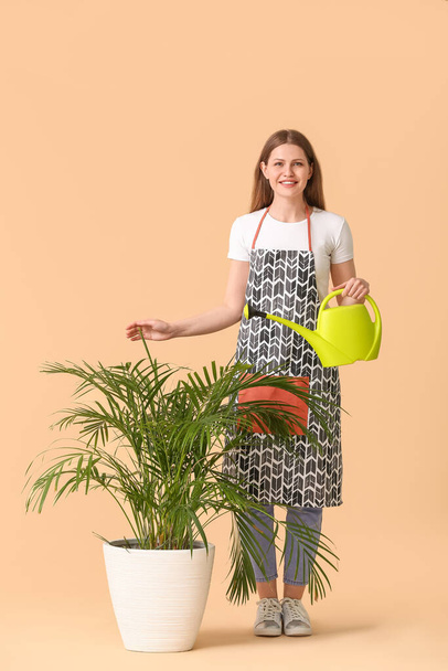 Young woman with watering can and houseplant on color background - Foto, Imagem
