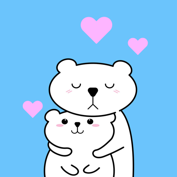 Cute para niedźwiedź przytulić z miłości wektor kreskówki.Walentynki romantyczne zwierzę koncept.Happy niedźwiedź polarny przytulić i różowe serce na miękkim niebieskim tle projekt. - Wektor, obraz