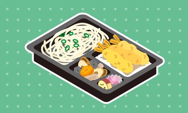 Lunch box of Japanese chilled udon and shrimp tempura - Vector, Image