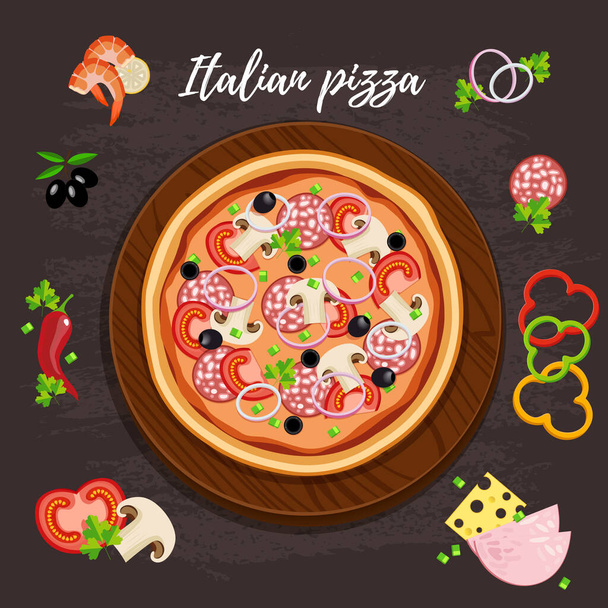 Pizza flat style vector illustration. Flat style design - vector icon set of product with ingredients. EPS 10. - Vektori, kuva