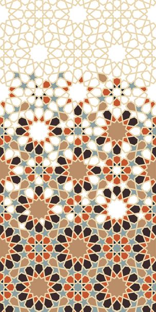 Arap İslami vektör şablonu, sınır, dekor, doku, arka plan. Arapça renk mozaik dağılımlı geometrik yarım ton deseni - Vektör, Görsel