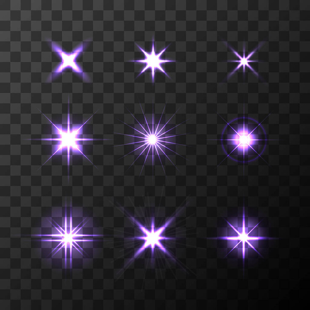 Set of Vector glowing light effect stars bursts with sparkles on transparent background. Transparent stars - Διάνυσμα, εικόνα