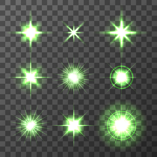 Light Glow Green Flare Stars Effect Set isolated on transparent background. EPS 10. - Vektör, Görsel