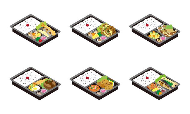 Eine Reihe von 6 Illustrationen von Lunchpaketen zum Mitnehmen in Japan - Vektor, Bild