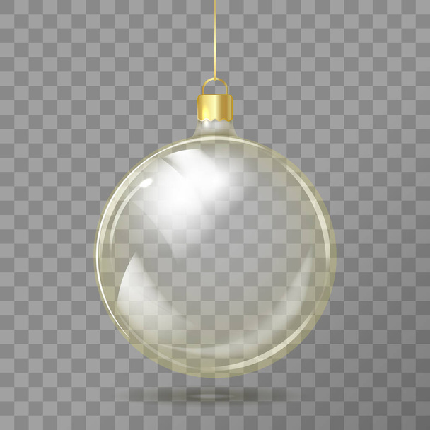 Template of glass transparent Christmas ball. Stocking element christmas decorations. Transparent vector object for design, mock-up. Shiny toy with golden glow. Isolated object. Vector illustration - Wektor, obraz