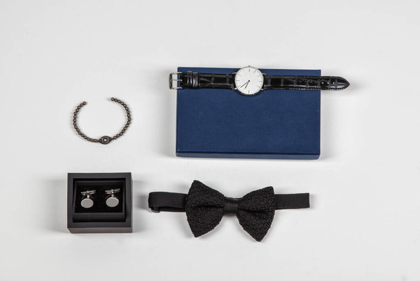 set of male accessories, handkerchief, tie, clock, cuff buttons  - Photo, Image