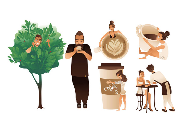 Coffee set of people coffee lovers flat cartoon vector illustrations isolated. - Vektori, kuva