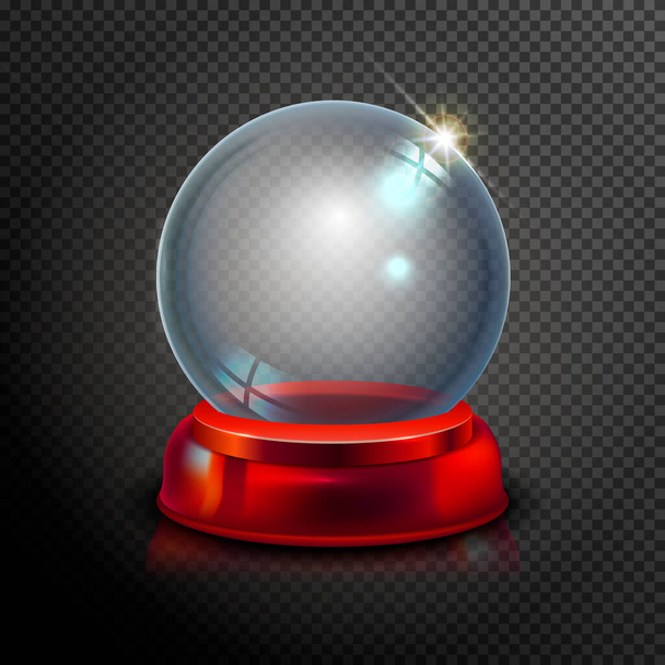 Magic crystal ball of glass and red. Empty snow globe. White transparent glass sphere on a stand. Vector christmas glass ball on transparent background. Transparent vector object for design, mock-up - Vektor, obrázek