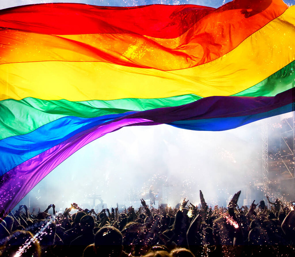 sylwetka parady gejów i lesbijek z tęczową flagą - symbol miłości i tolerancji - Zdjęcie, obraz