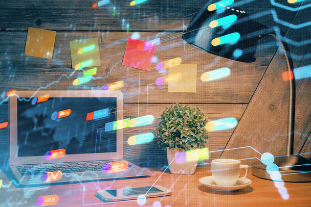 Multi exposure of desktop with computer on background and tech theme drawing. Concept of big data. - 写真・画像