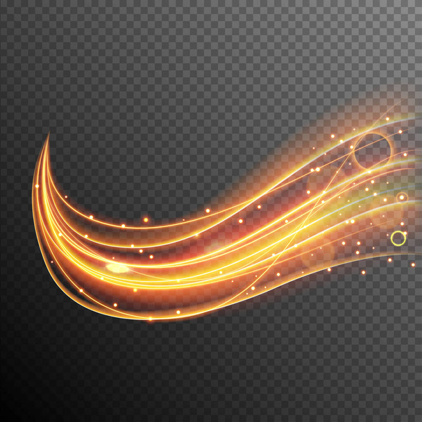 Vector shine transparent light effect with curve trail and golden sparkles. Glowing path on transparent dark background. EPS10. - Vector, afbeelding